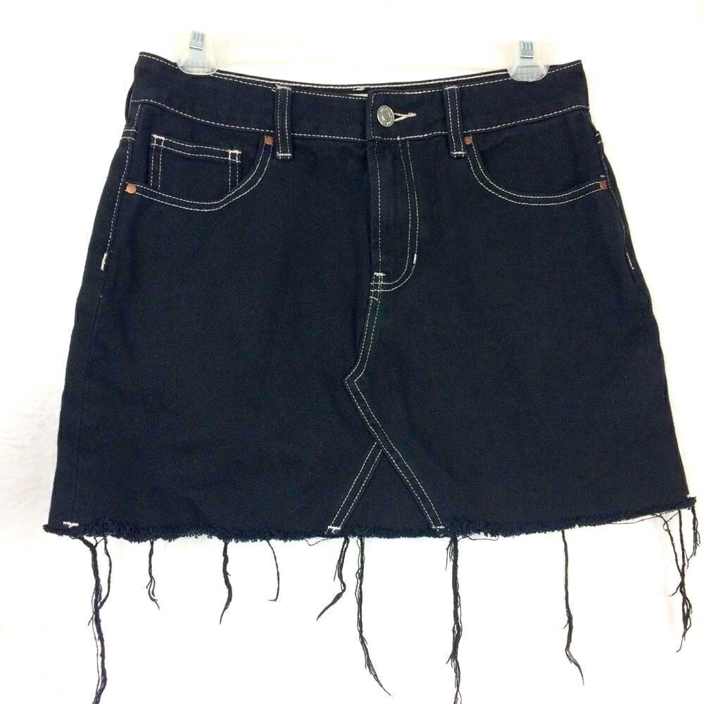 Pacsun black denim distressed hem denim skirt